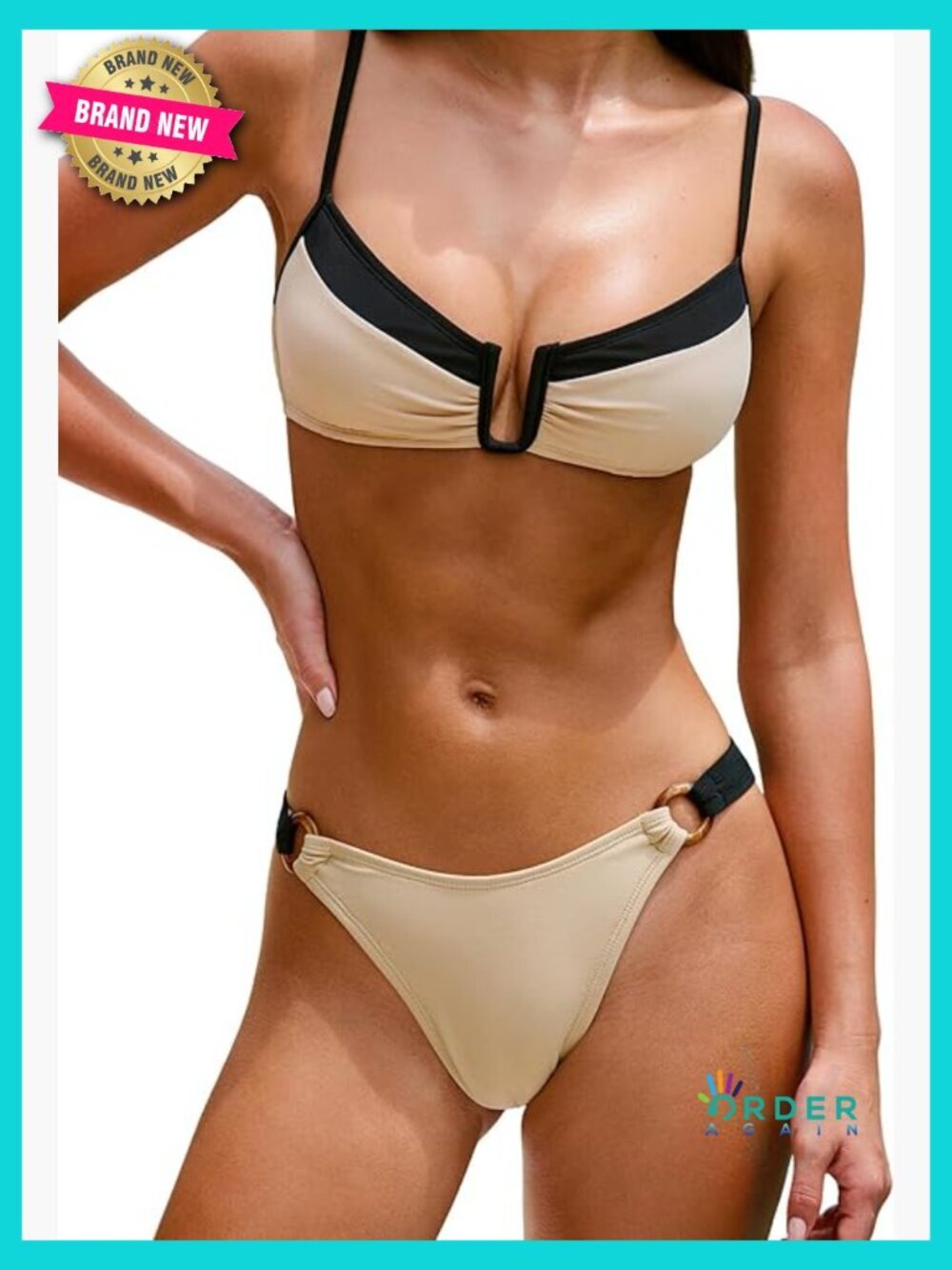 Two Piece Bikini Set V Neck U Wire Color Block Back Hook Adjustable Straps Low